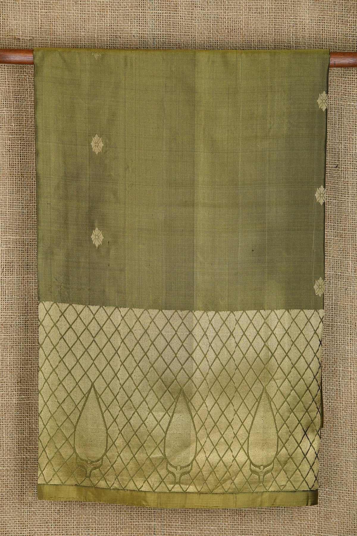 Geometric Pattern Zari Border With Floral Buttis Khaki Green Soft Silk Saree