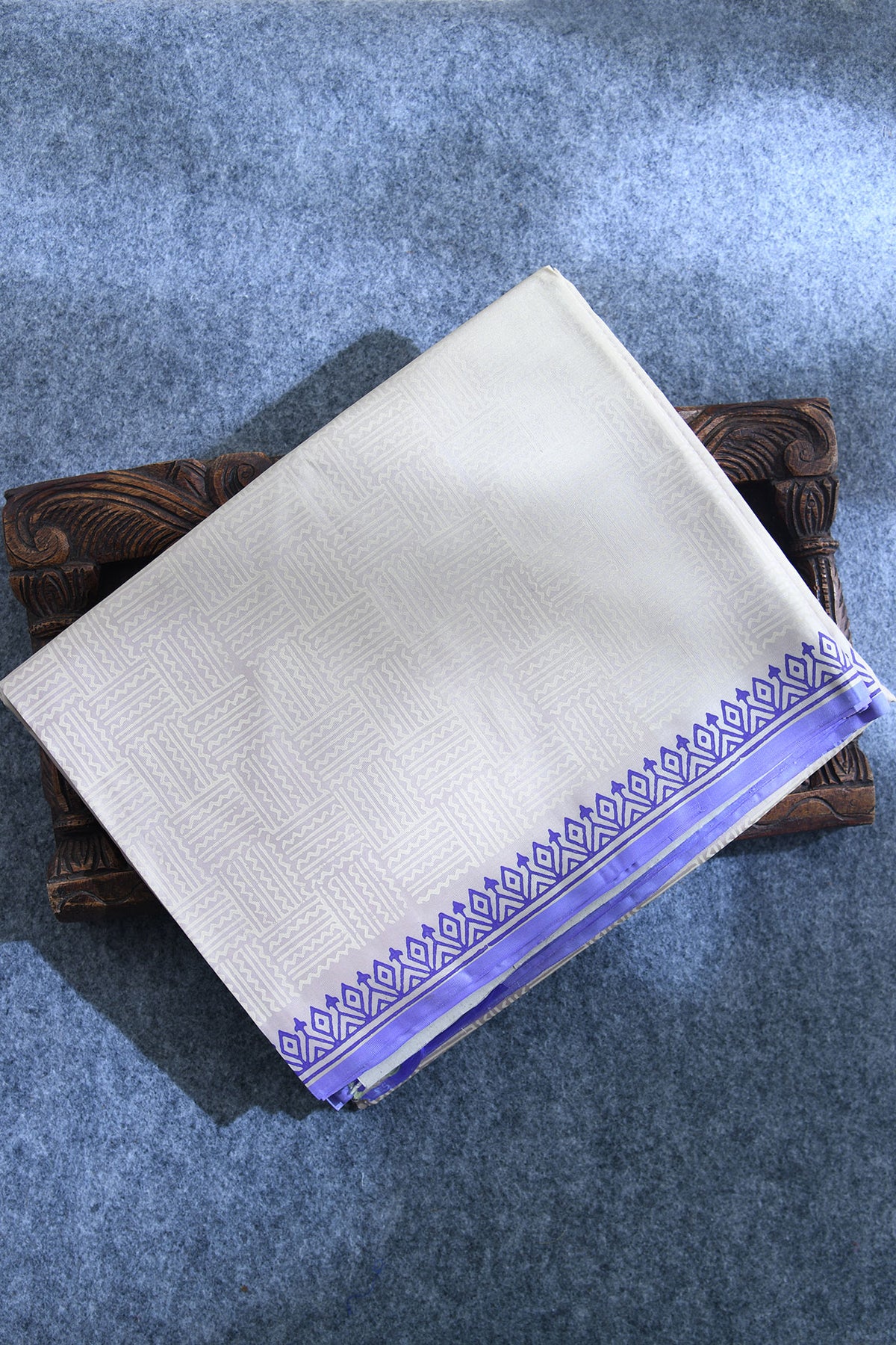 Off White Geometric Pattern Kanchipuram Block Printed Silk Saree