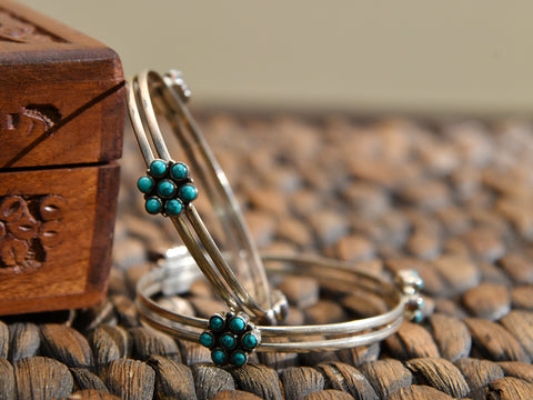 Turquoise Blue Stone Two Layer Oxidised Pure Silver Bangles