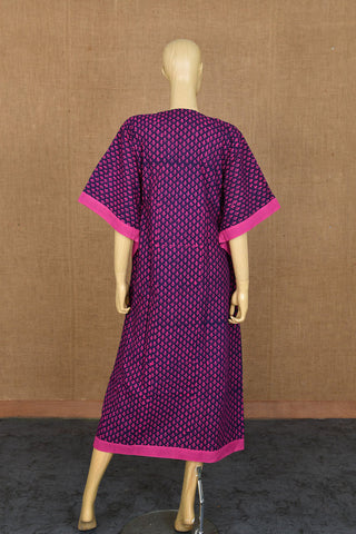 Patch Work Sweet-Heart Neck With Tie-Up Navy Blue And Magenta Printed Cotton Kaftan