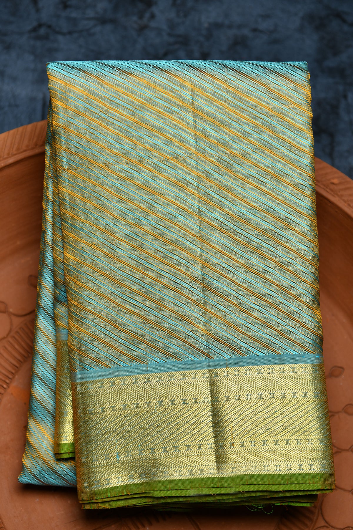 Thread Work Diagonal Lines Design Teal Green Kanchipuram Silk Saree