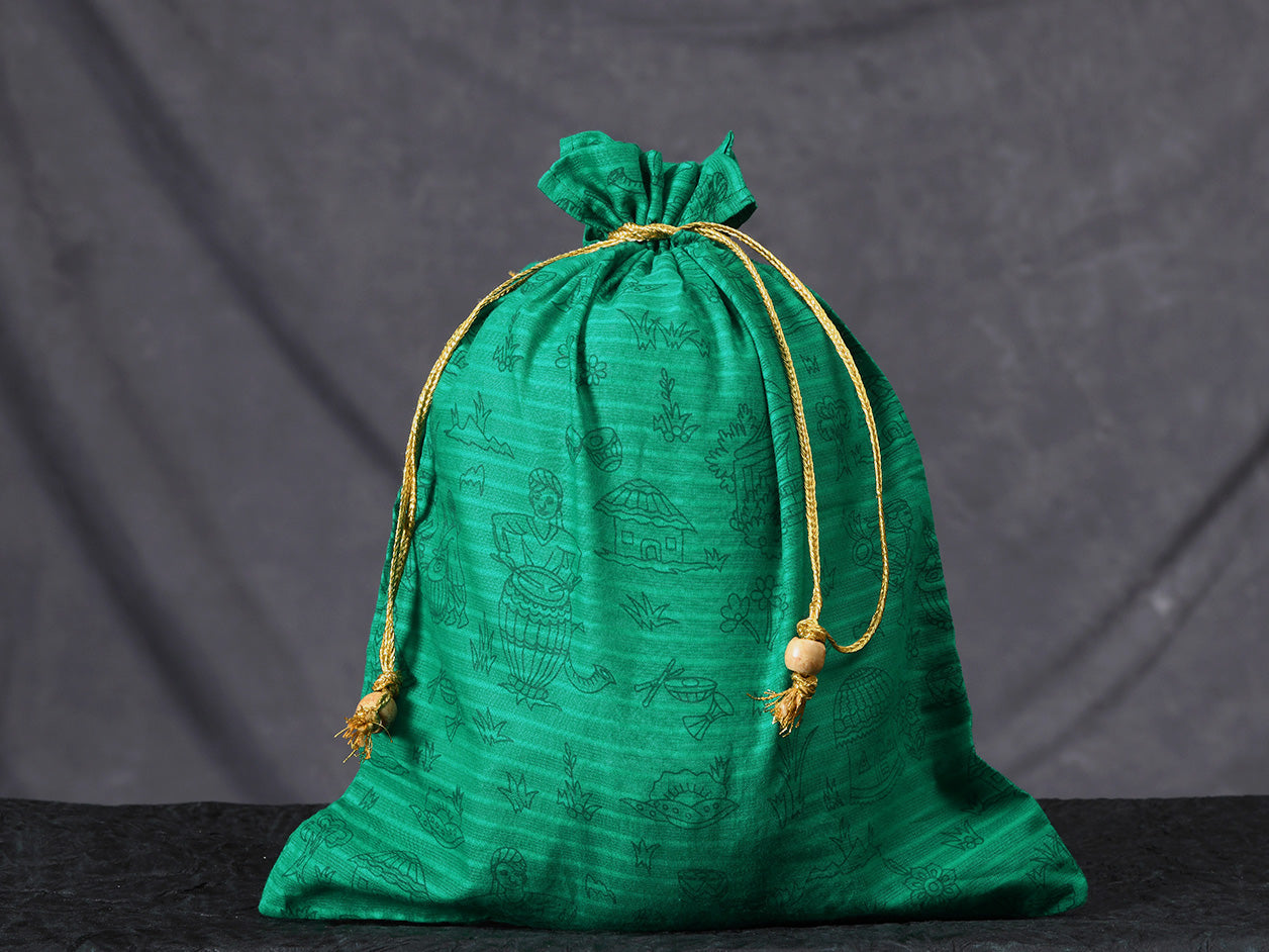 Allover Design Green Cotton Potli Bag