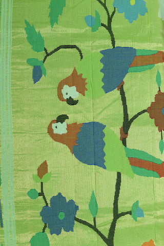 Stripes Zari Border With Paisley Buttis Soft Green Paithani Handloom Cotton Saree