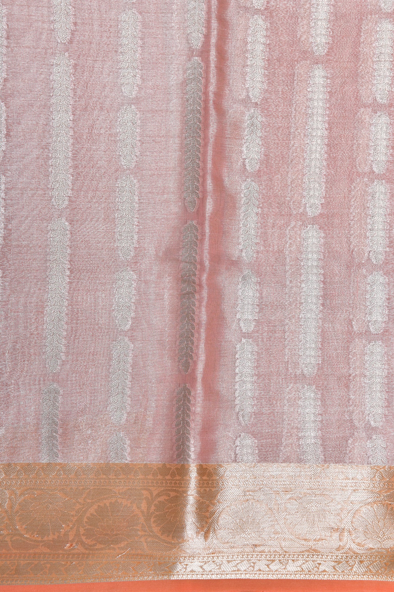 Floral Zari Border With Thoranam Design Gold Tissue Peach Pink Semi Banaras Silk Saree
