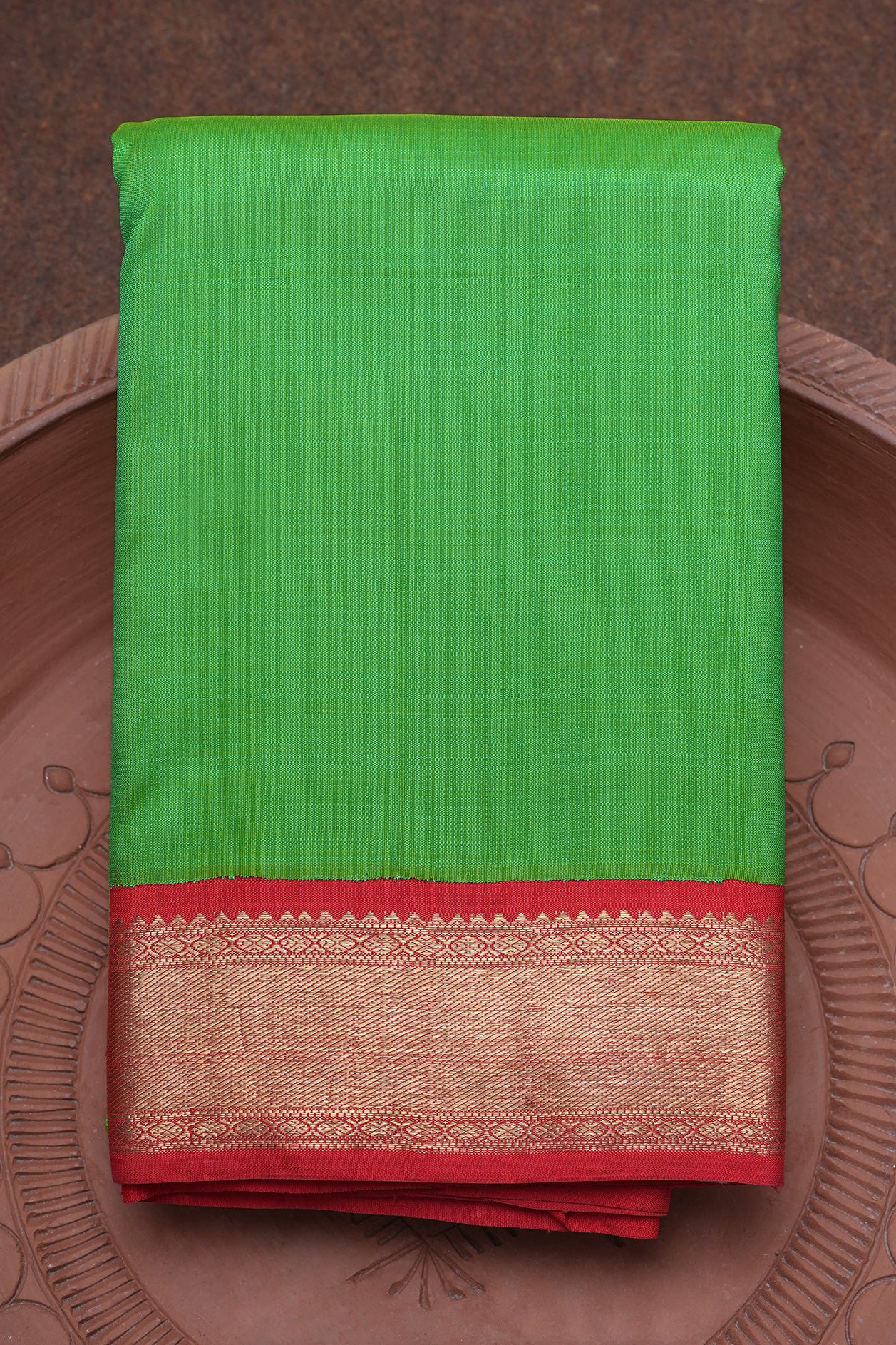Twill Weave And Rudraksh Zari Border Plain Parrot Green Kanchipuram Silk Saree