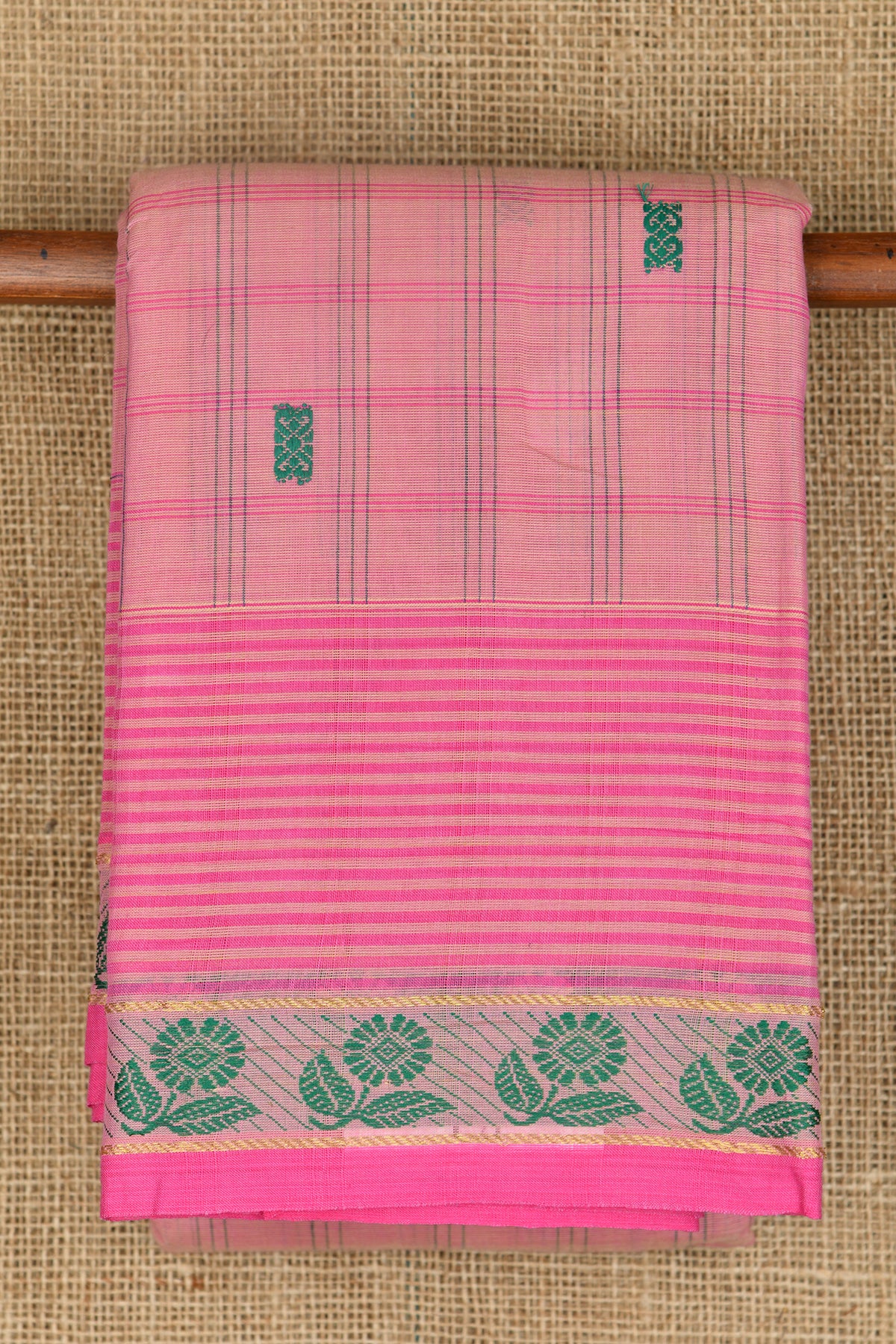 Flower Thread Work Border Checks With Buttis Light Pink Chettinadu Cotton Saree