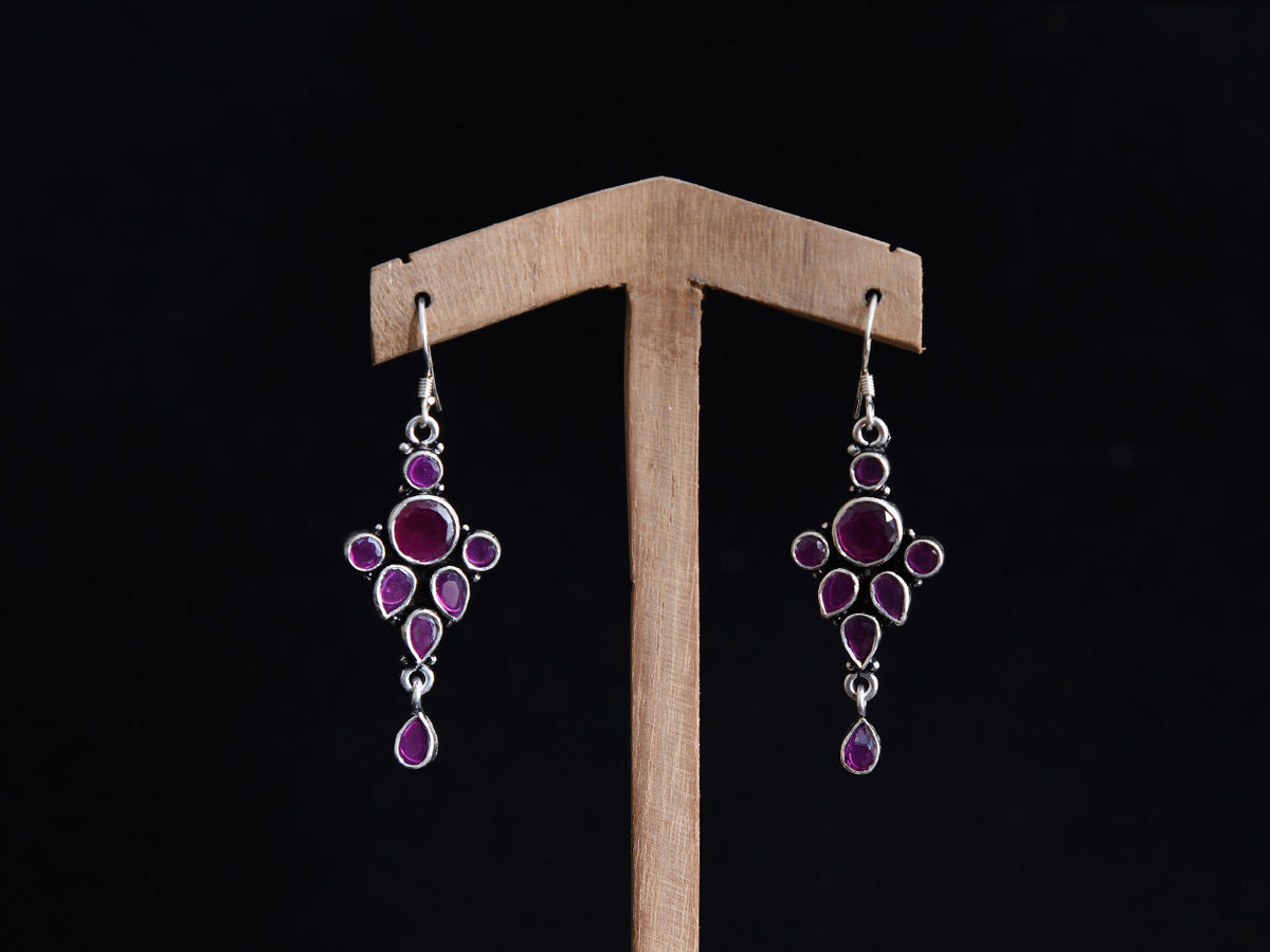 Pure Silver Semi Precious Purple Stones With Hook Earrings