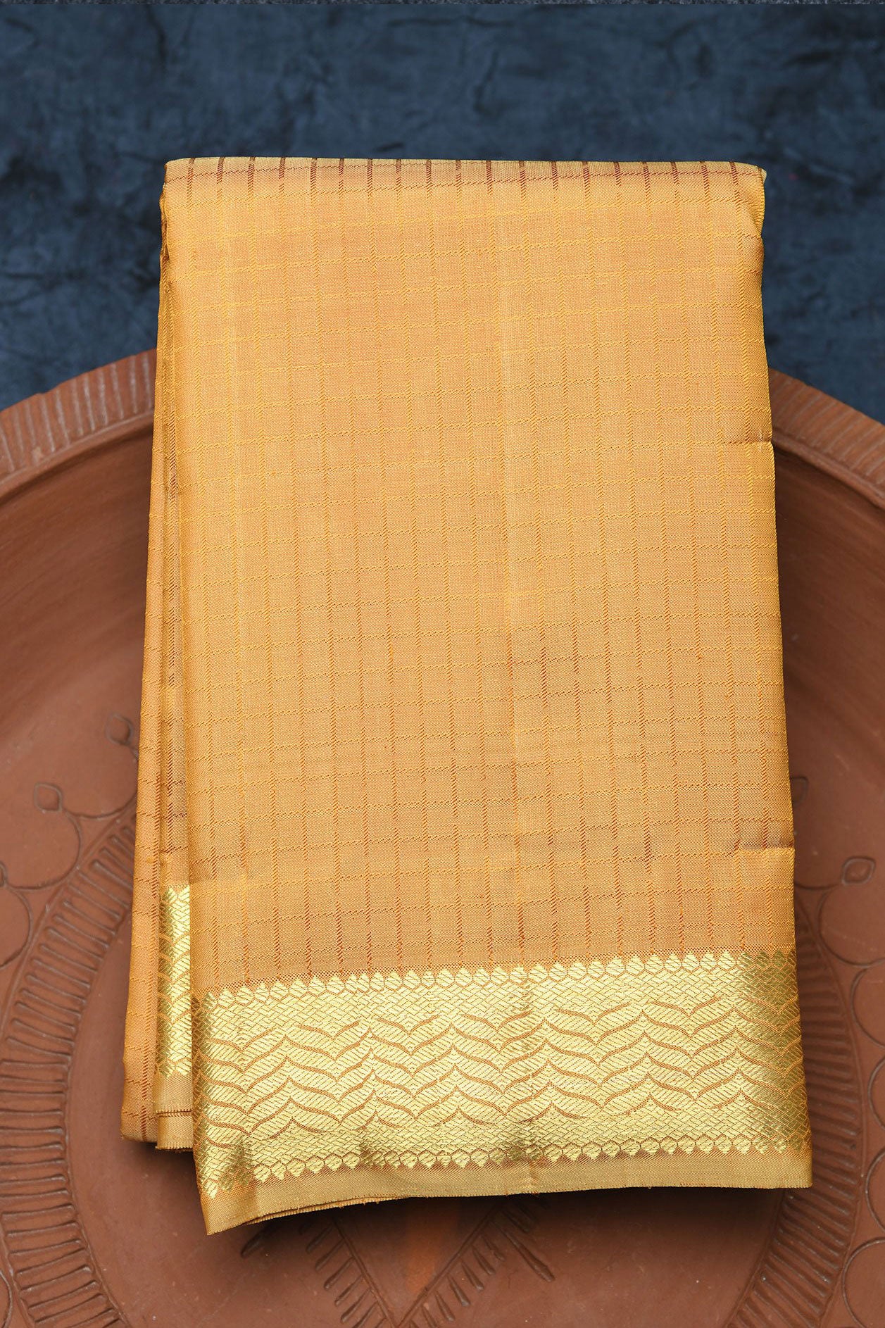 Traditional Zari Border With Checks Mustard Yellow Kanchipuram Silk Saree