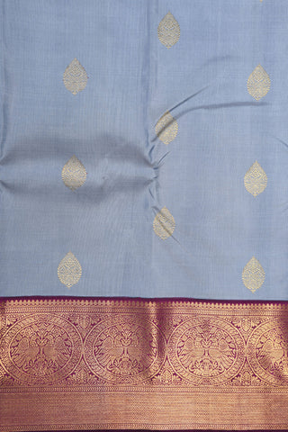 Mandala Zari Border With Leaf Buttas Grey Kanchipuram Silk Saree
