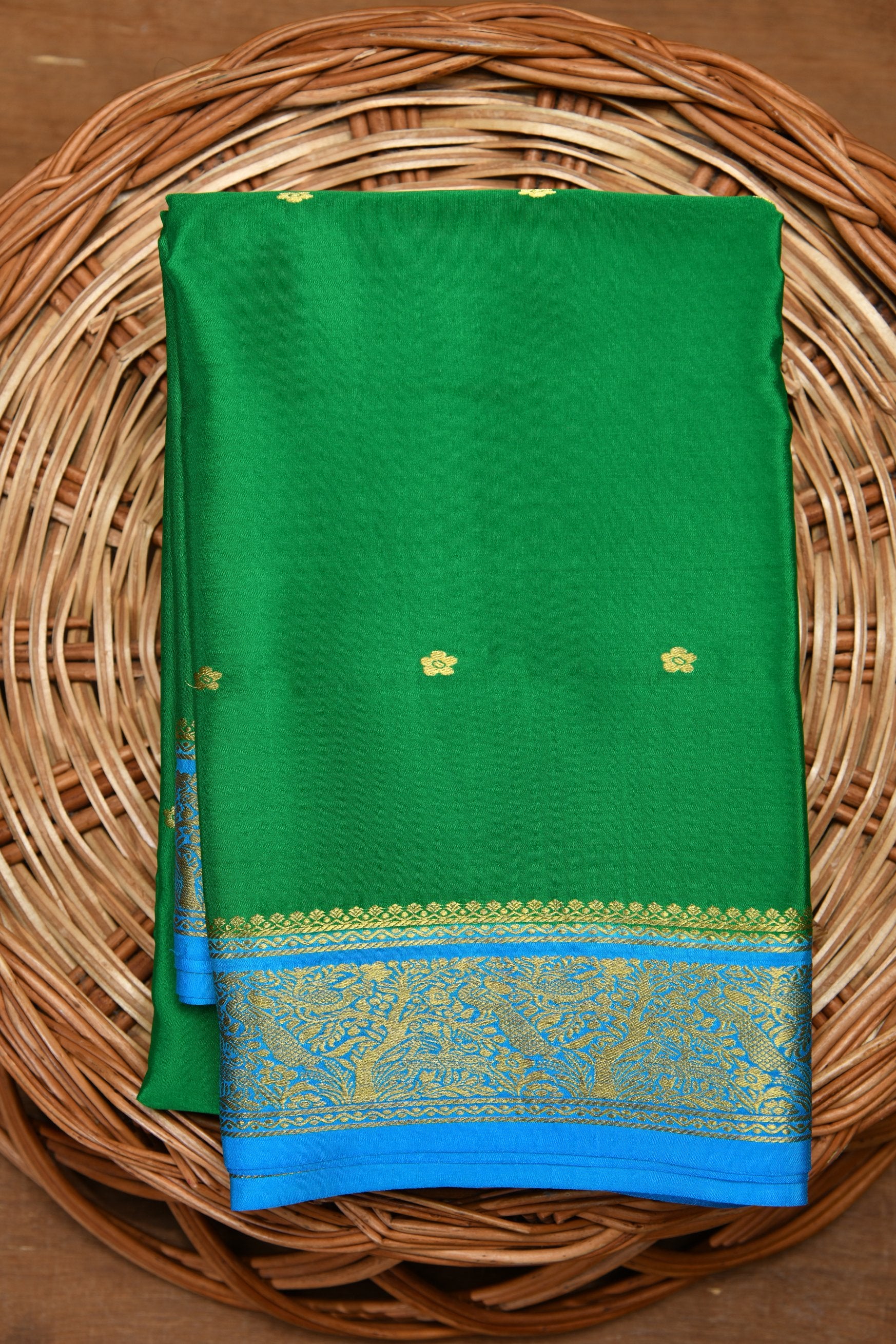 Traditional Contrast Border With Buttis Green Mysore Silk Saree
