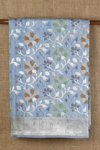 Thread Work Floral Design Powder Blue Tussar Banarasi Silk Saree