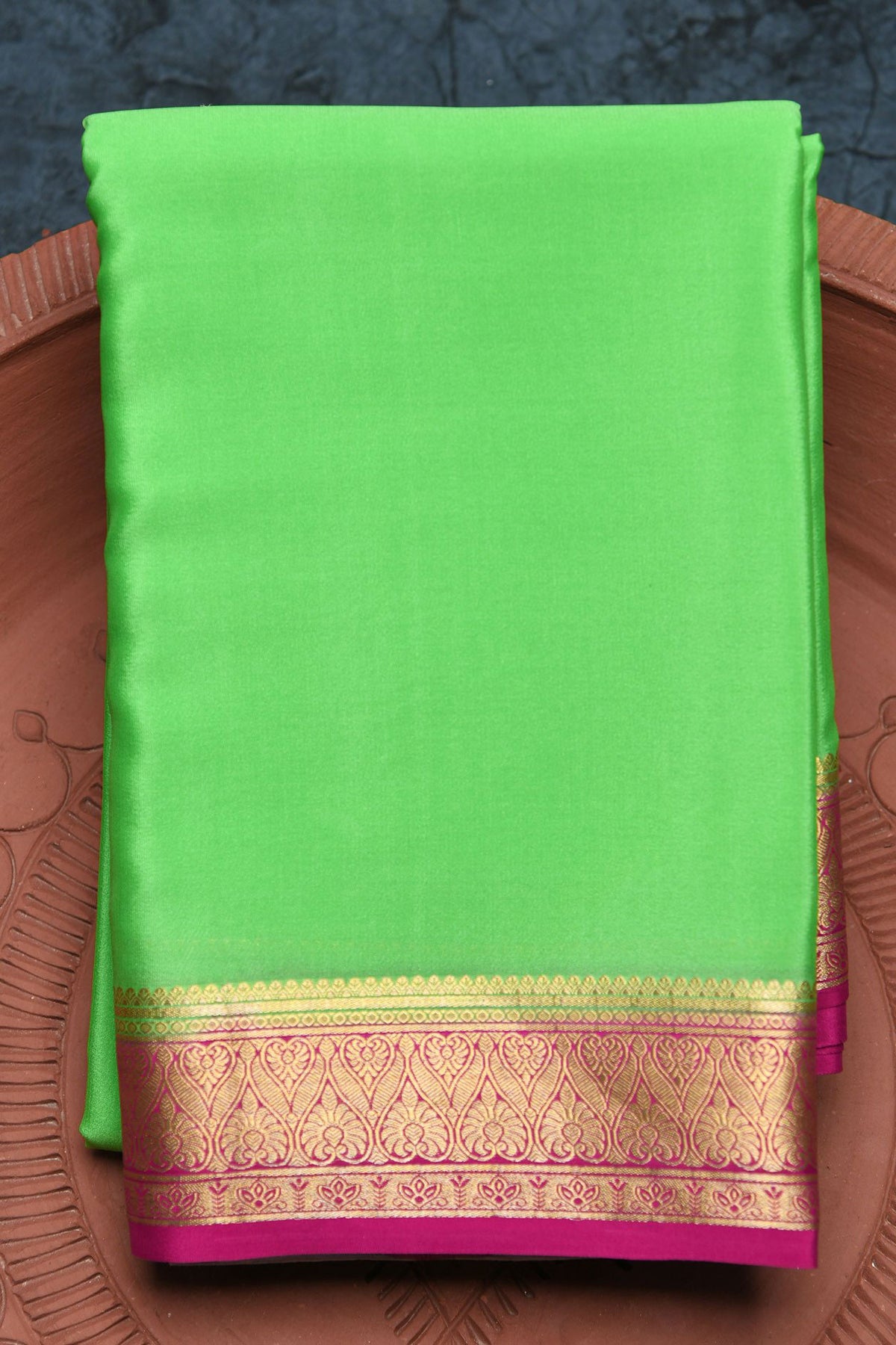 Plain Light Green With Contrast Border Mysore Silk Saree