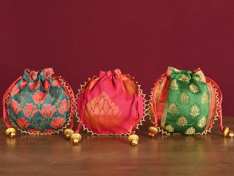 Assorted Set Of 3 Semi Raw Silk Small Potli Bags