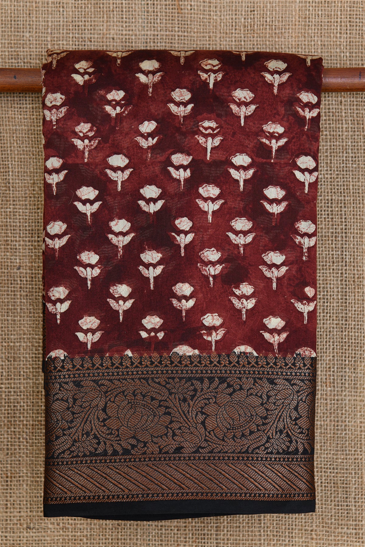 Flower Motif Floral Design Coffee Brown Chanderi Silk Cotton Saree