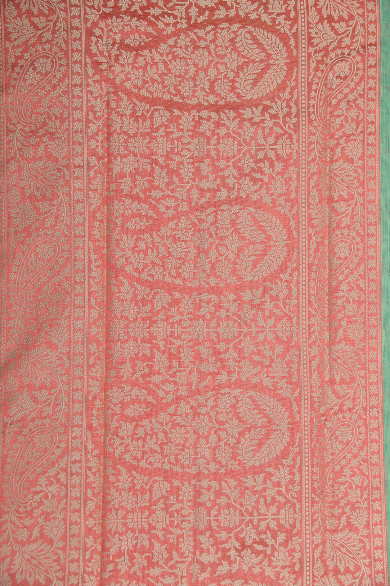 Thread Work Paisley Border With Printed Ogee Pattern Mint Green Chanderi Cotton Saree