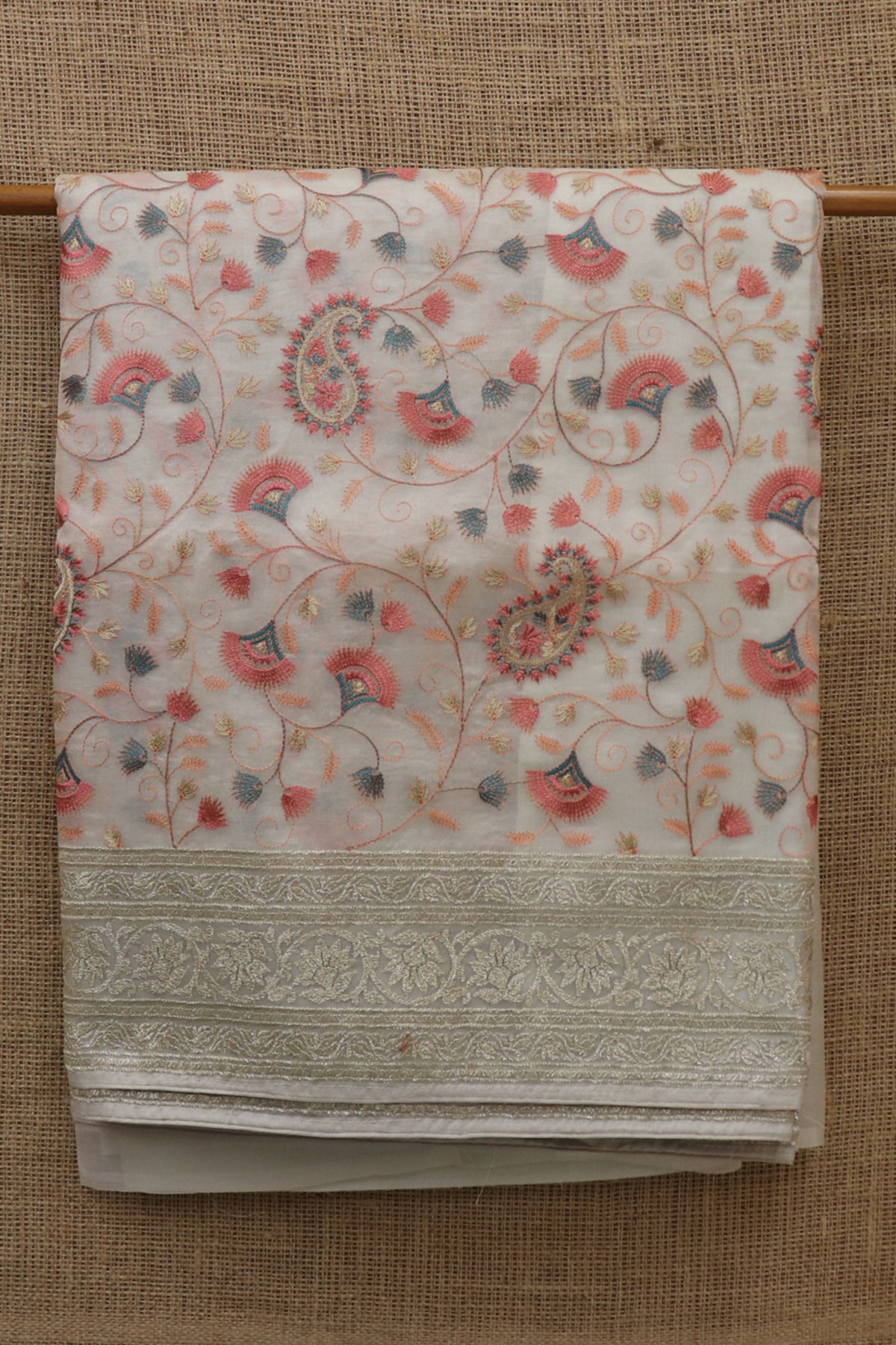 Embroidered Work Floral Creeper And Paisley Design Off White Organza Saree