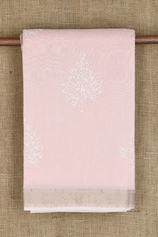 Embroidered Tree Motif Pastel Pink Chanderi Cotton Saree