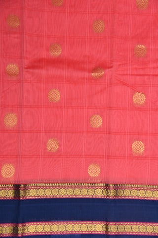 Contrast Zari Rudraksh Border With Butta Coral Pink Kora Silk Cotton Saree