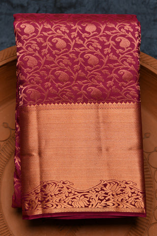Copper Zari Big Border With Paisley Design Burgundy Purple Kanchipuram Silk Saree