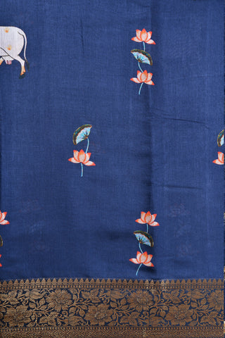 Floral And Cow Motif Navy Blue Tussar Silk Saree