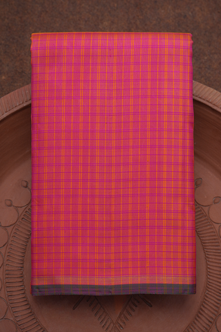 Allover Checked Magenta And Orange Kanchipuram Silk Saree