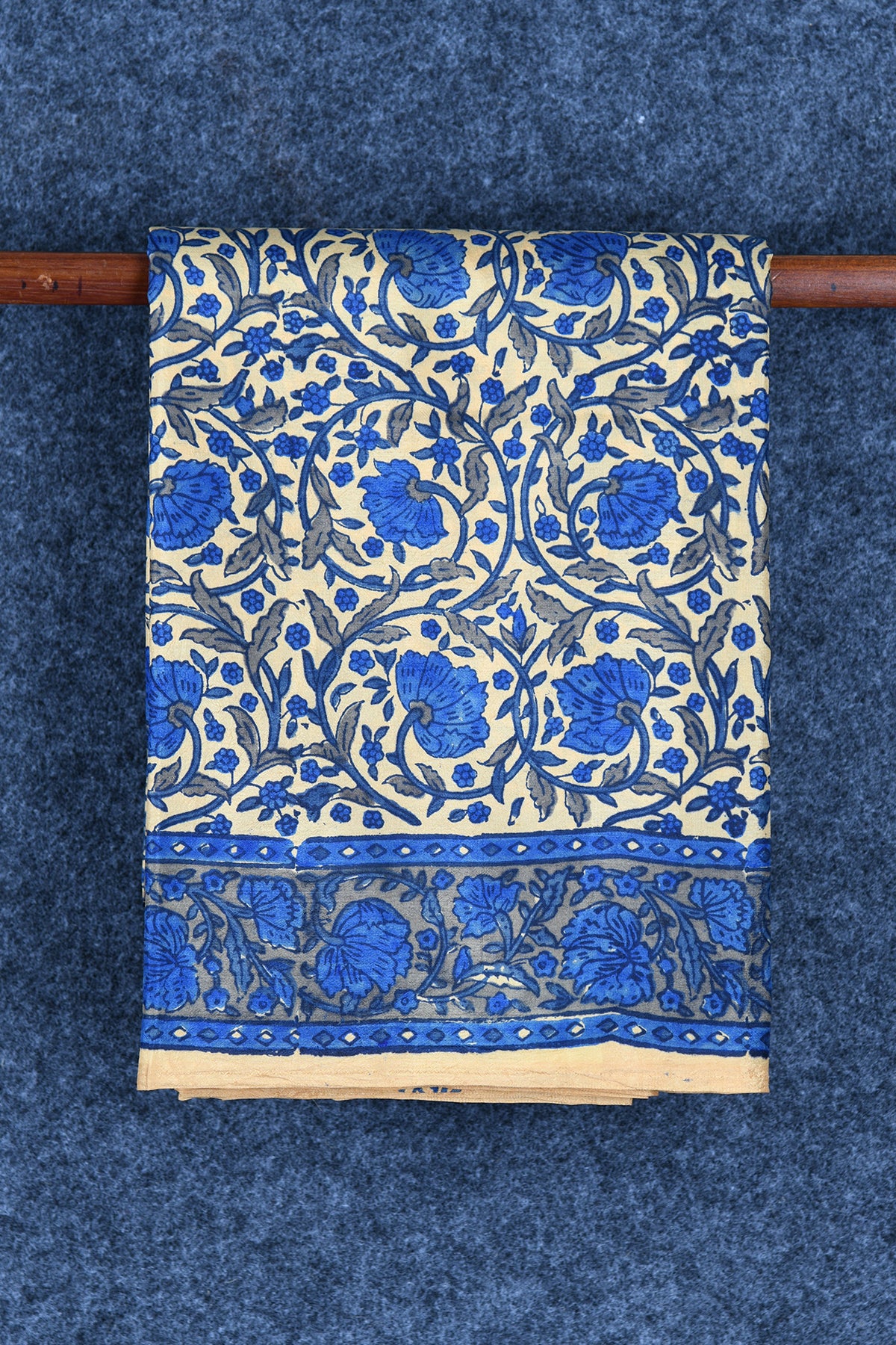 Floral Creepers Design Cream And Navy Blue Printed Silk Saree