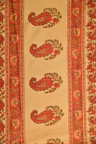 Paisley Design Cream And Red Printed Silk Saree