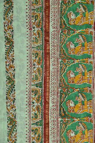 Traditional Zari Elephant Border Animal Motifs Printed Pastel Green Hyderabad Cotton Saree