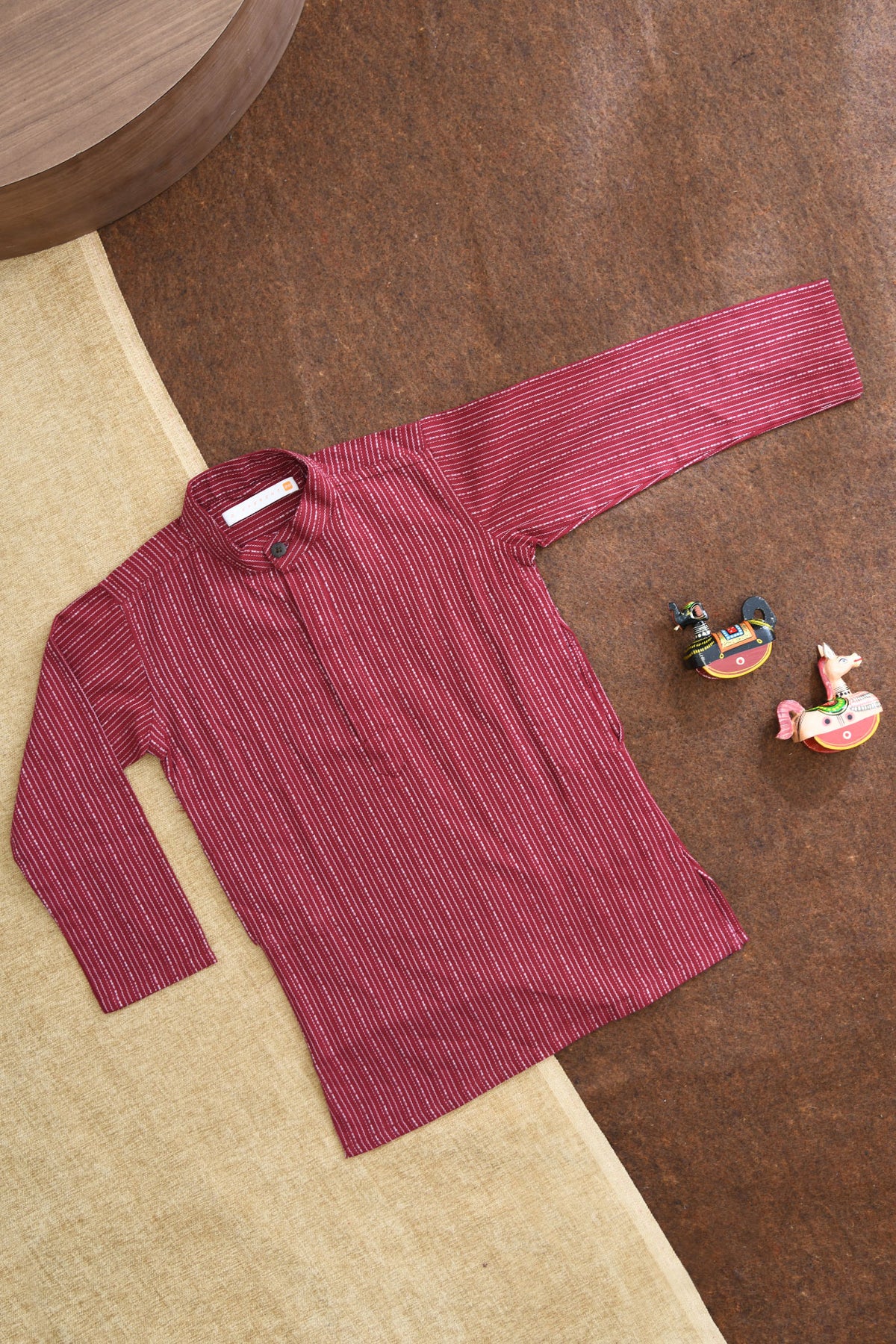 Chinese Collar Closed Placket With Dobby Weave Maroon Cotton Kurta