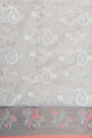 Thread Work Border With Embroidered Paisley Floral Design Ivory Semi Banaras Cotton Saree