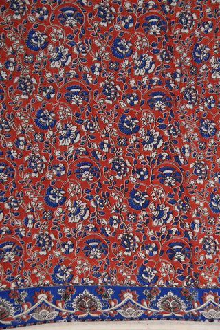 Floral Printed Ochre Red And Navy Blue Kalamkari Cotton Saree