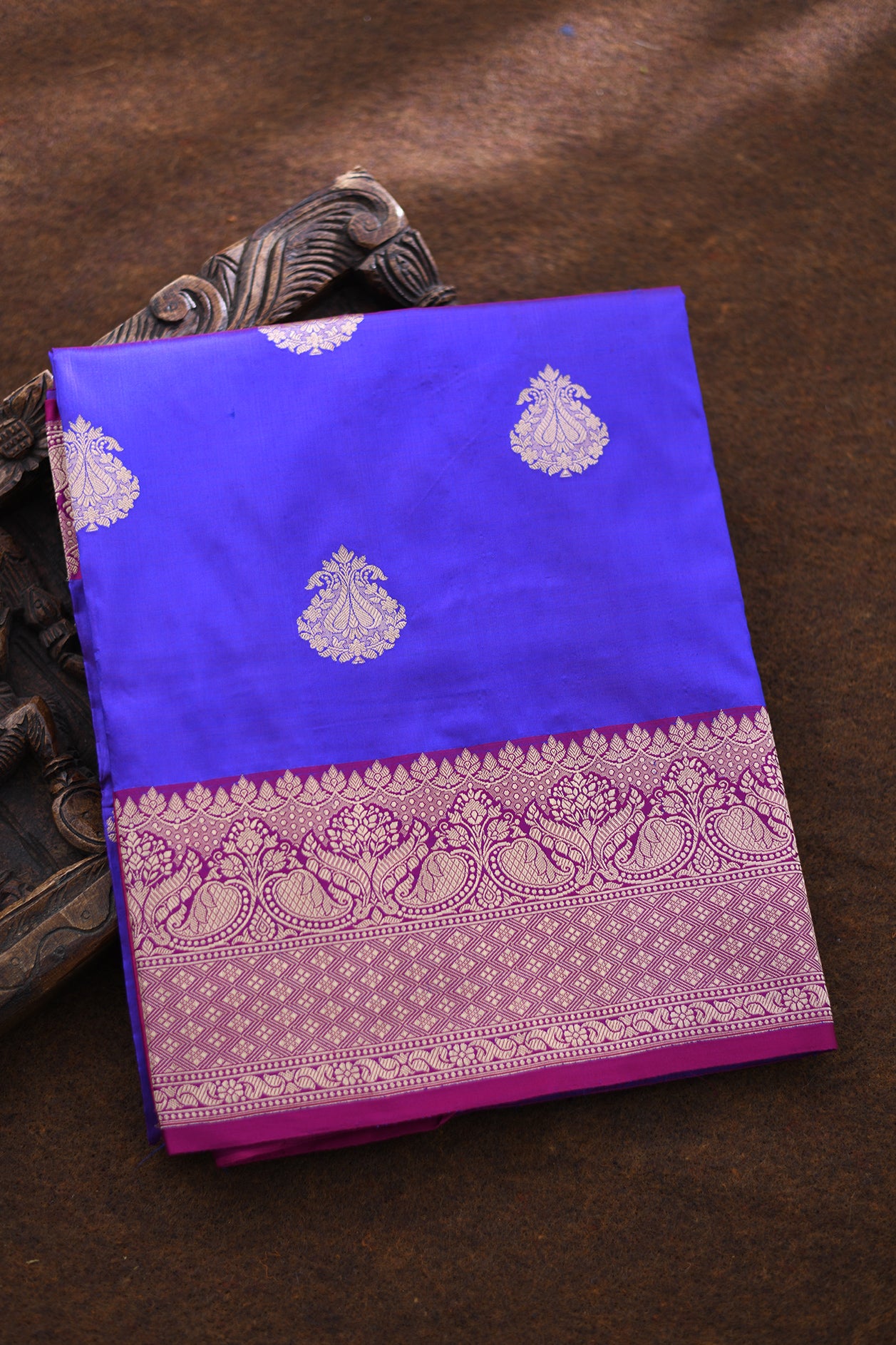 Traditional Zari Border With Floral Butta Cobalt Blue Banaras Silk Saree
