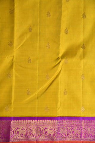 Contrast Border Peacock Buttis Mango Yellow Kanchipuram Silk Saree