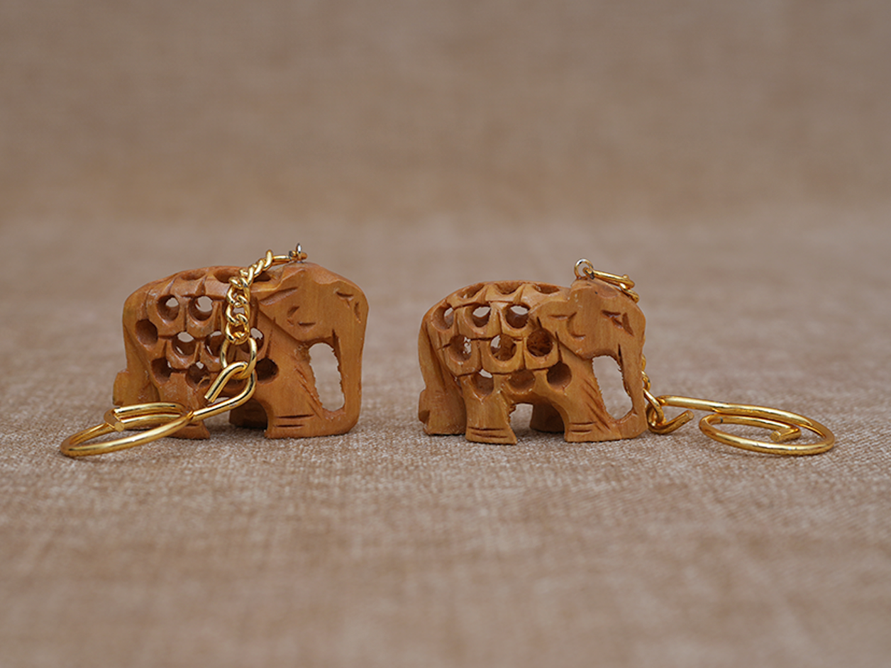 Set Of 2 Wooden Handicraft Elephant Keychain