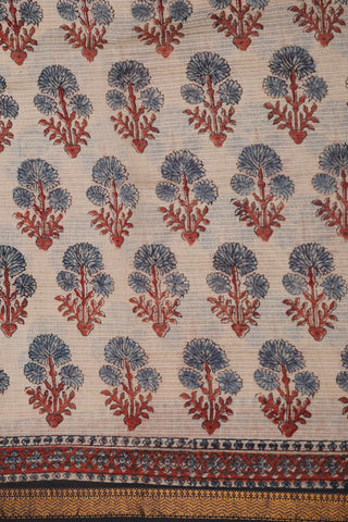 Flower Motif Ivory Ajrakh Hand Block Printed Cotton Saree