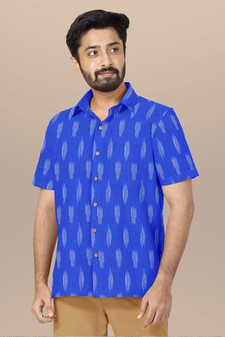 Regular Collar Ikat Design Blue Cotton Shirt