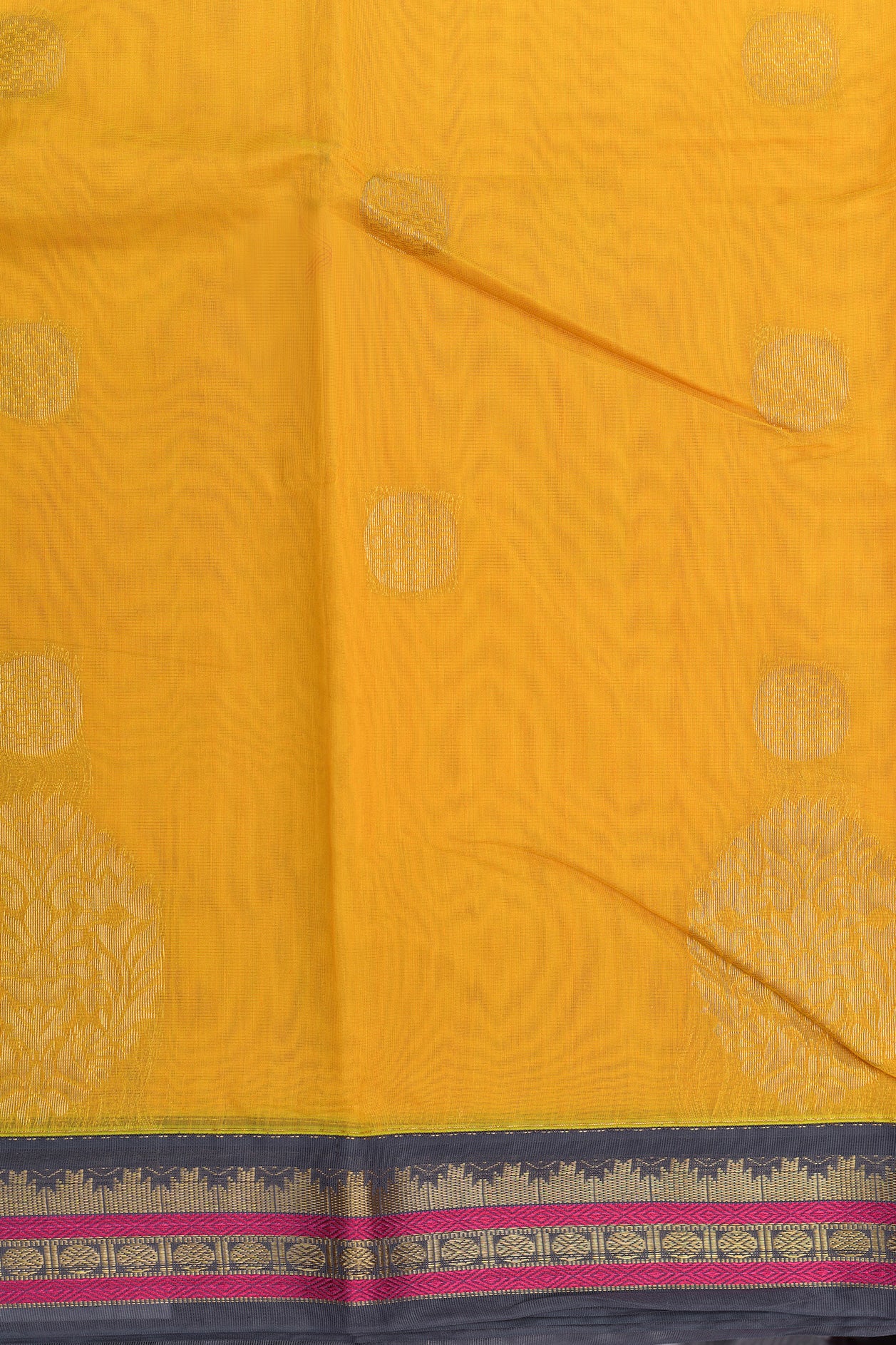 Contrast Temple Zari Border In Buttas Yellow Kora Silk Cotton Saree