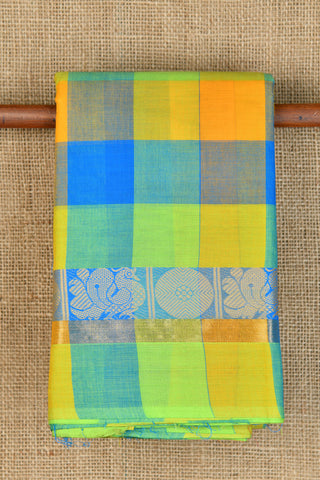 Traditional Thread Work Peacock Border With Checks Multicolor Chettinadu Cotton Saree