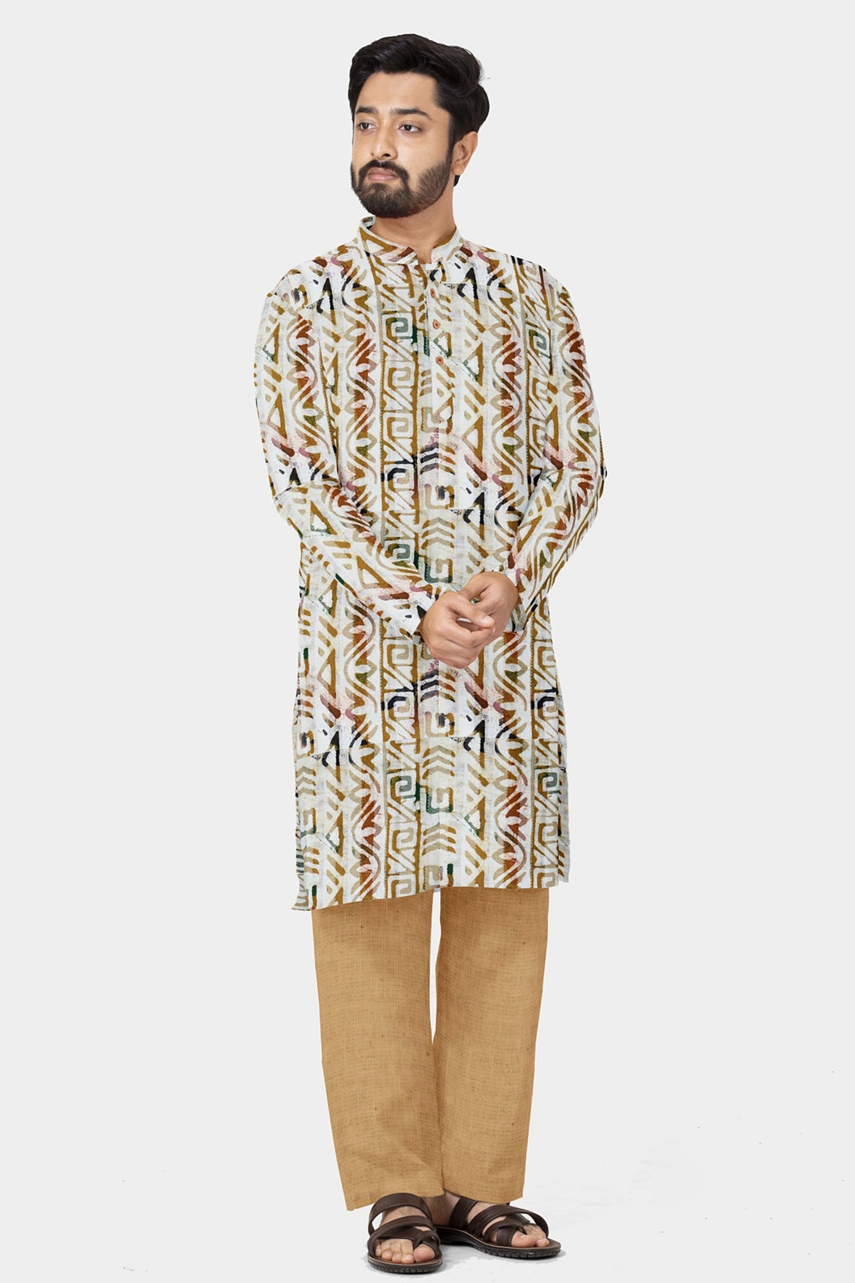 Chinese Collar Placket With Allover Pattern Off White And Beige Cotton Long Kurta