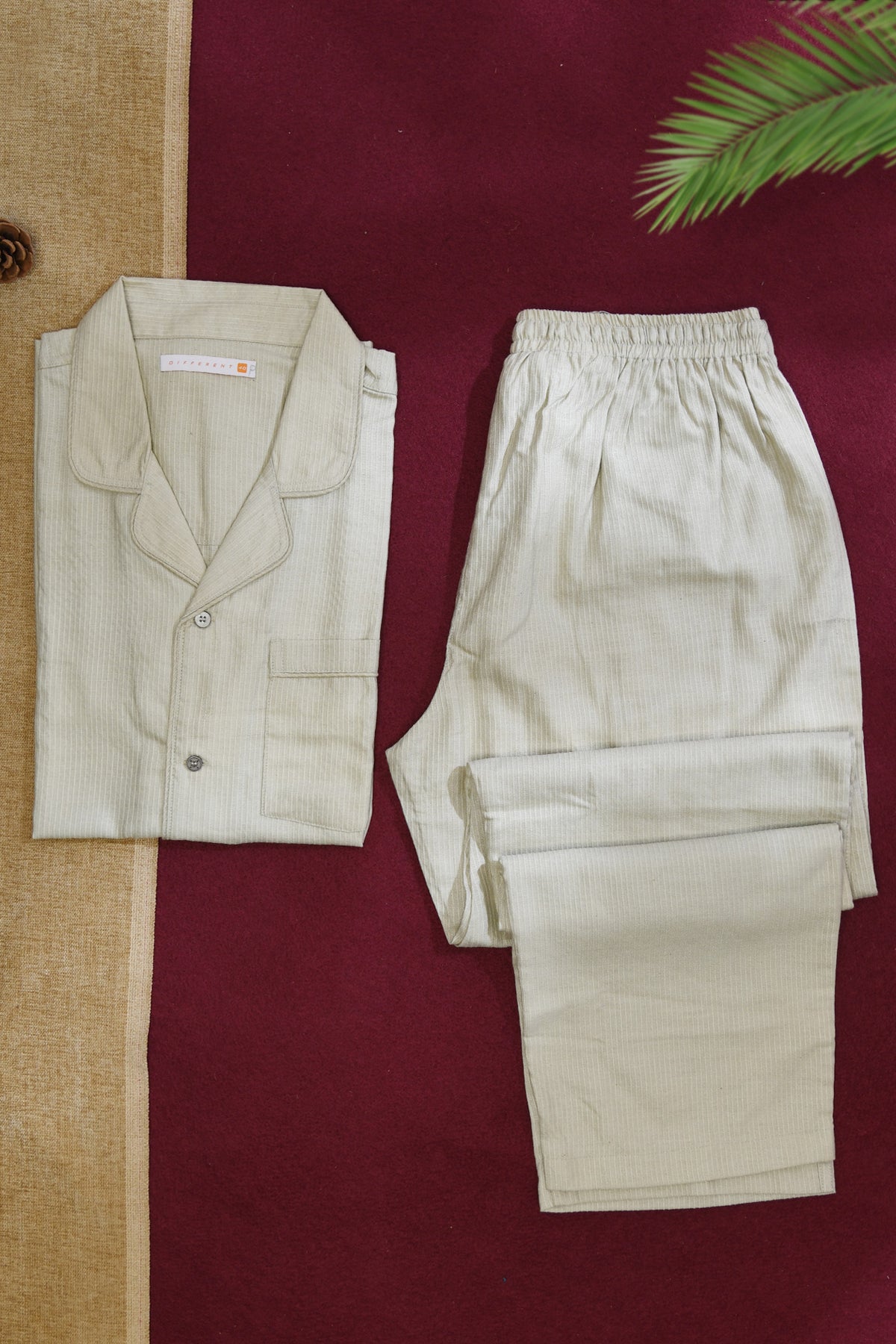 Camp Collar Shirt And Pant Set In Stripes Ivory Tussar Cotton Mens Night Suit