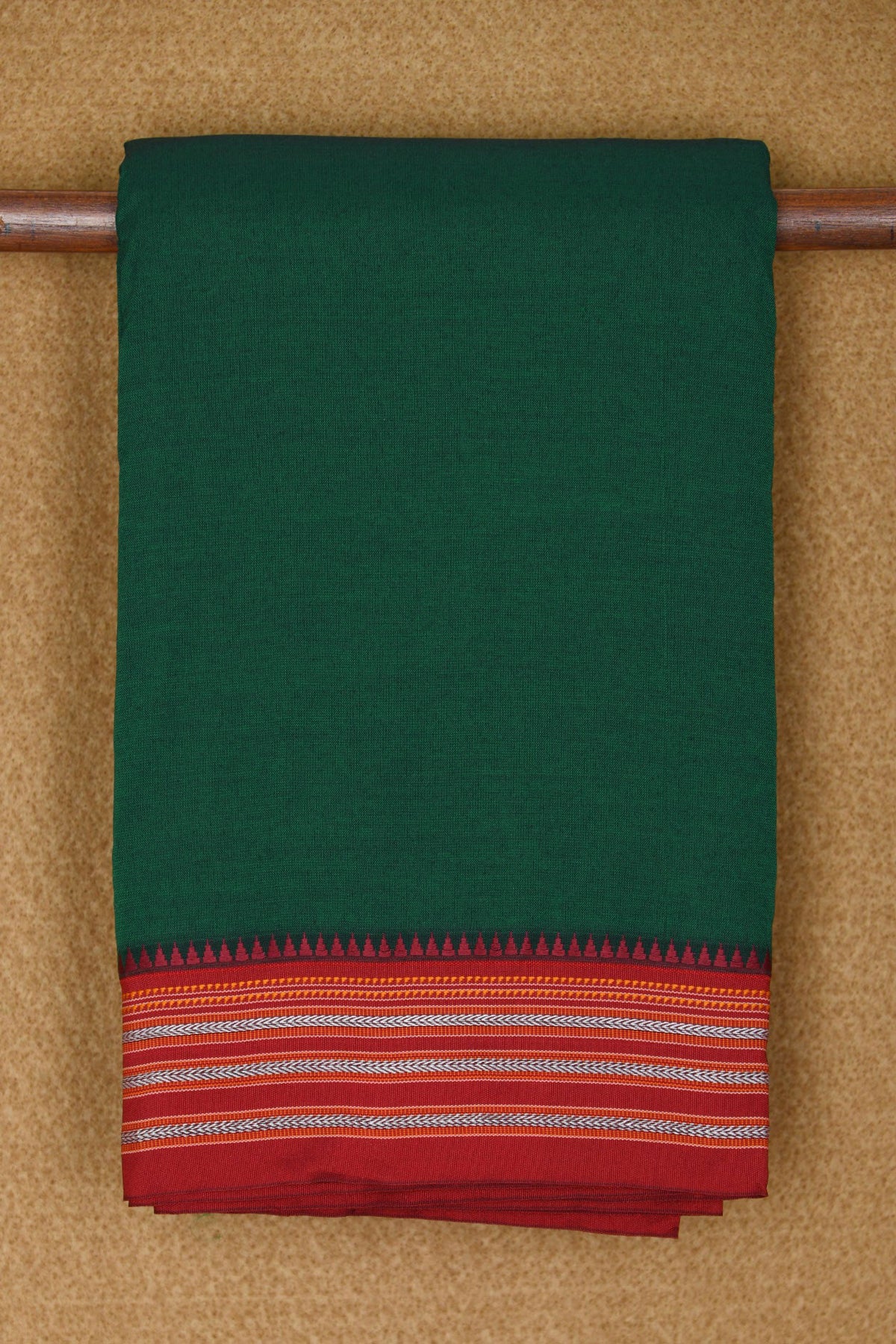 Thread Work Contrast Border In Plain Bottle Green Semi Dharwad Cotton Saree