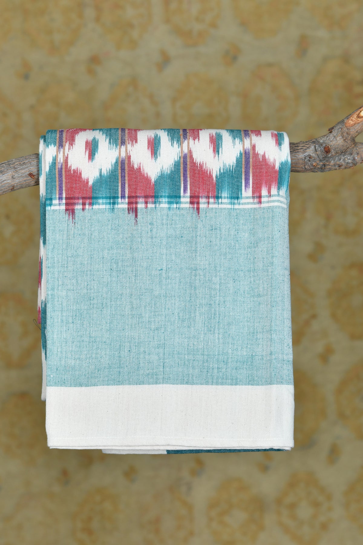 Mint Green And Soft Red Geometric Ikat Pure Cotton Single Bedspread