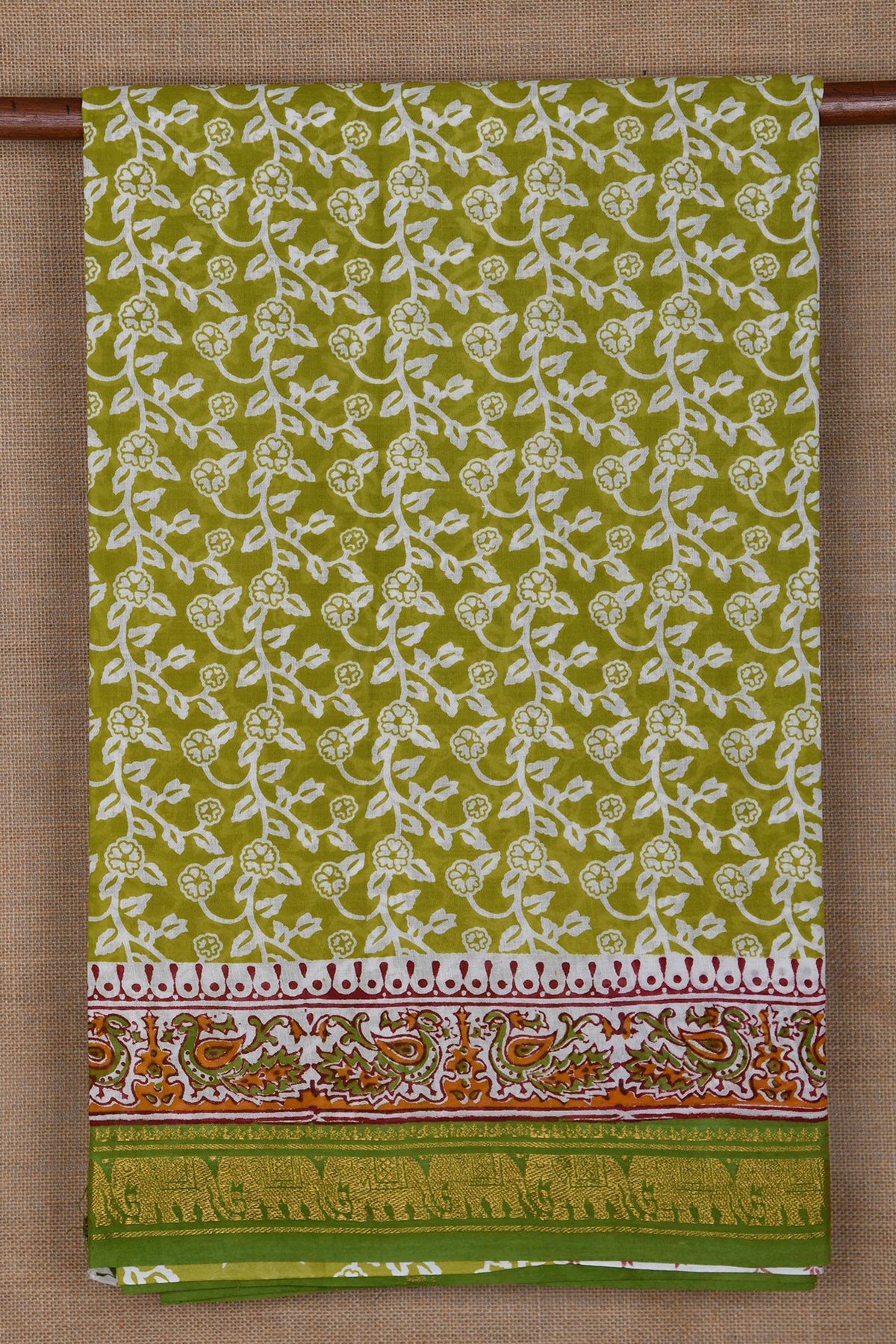 Creeper Design With Contrast Border Lime Green Hyderabad Cotton Saree