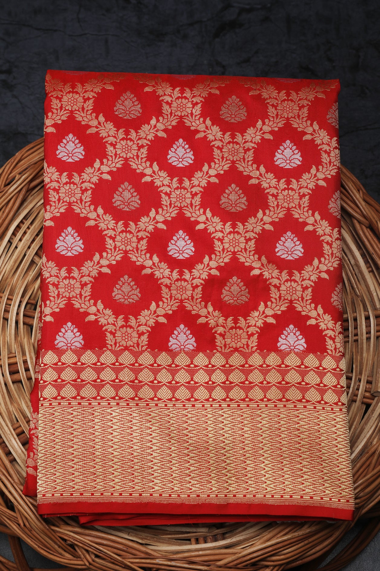 Gold And Silver Zari Buttis Crimson Red  Banaras Silk Saree
