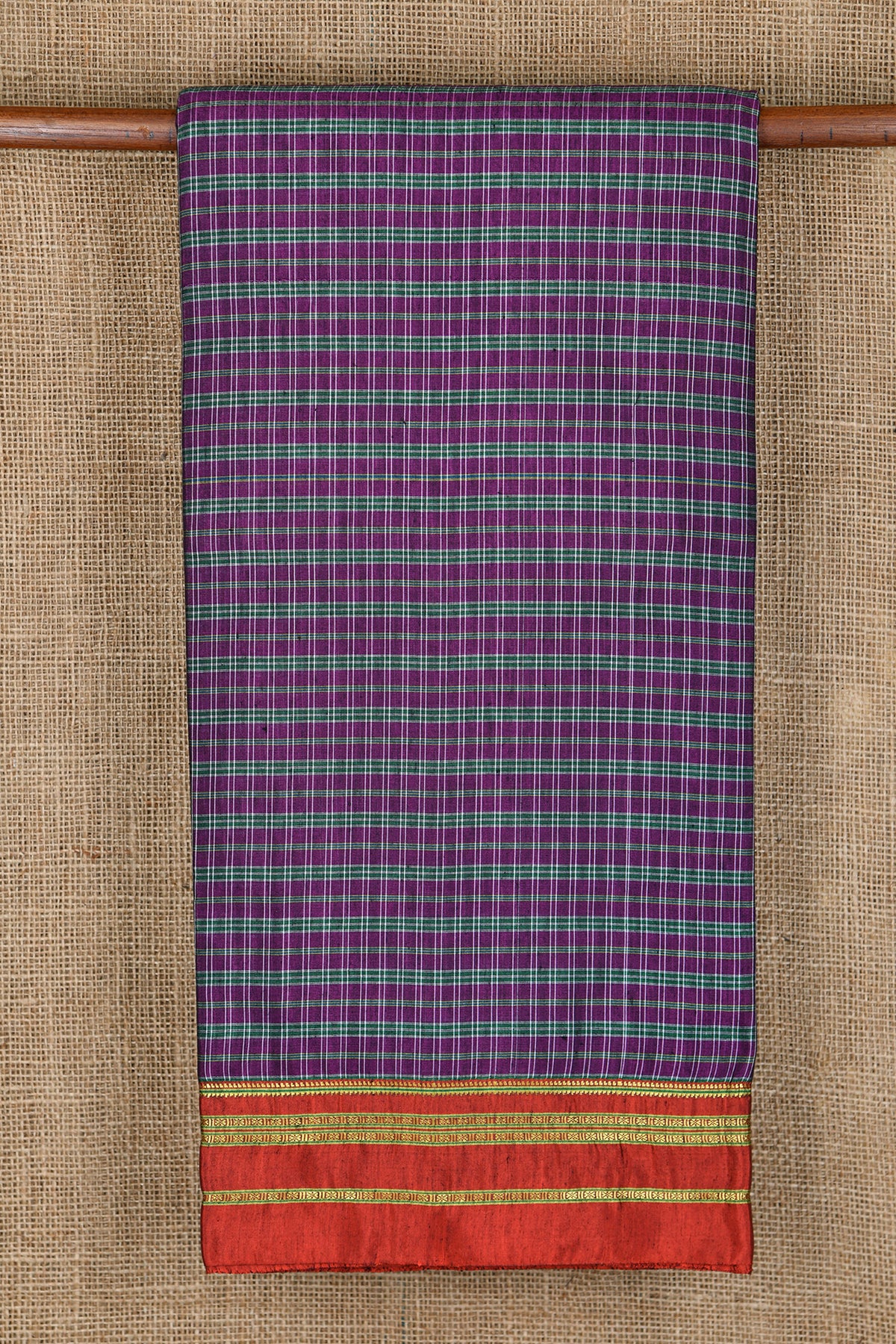 Rudraksh Border With Checks Purple And Green Nine Yards Cotton Saree