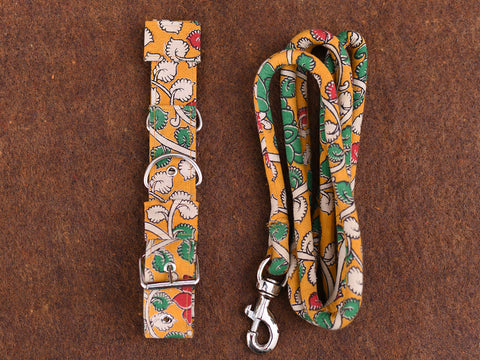 Mustard Cotton Kalamkari Dog Collar With Rope Set