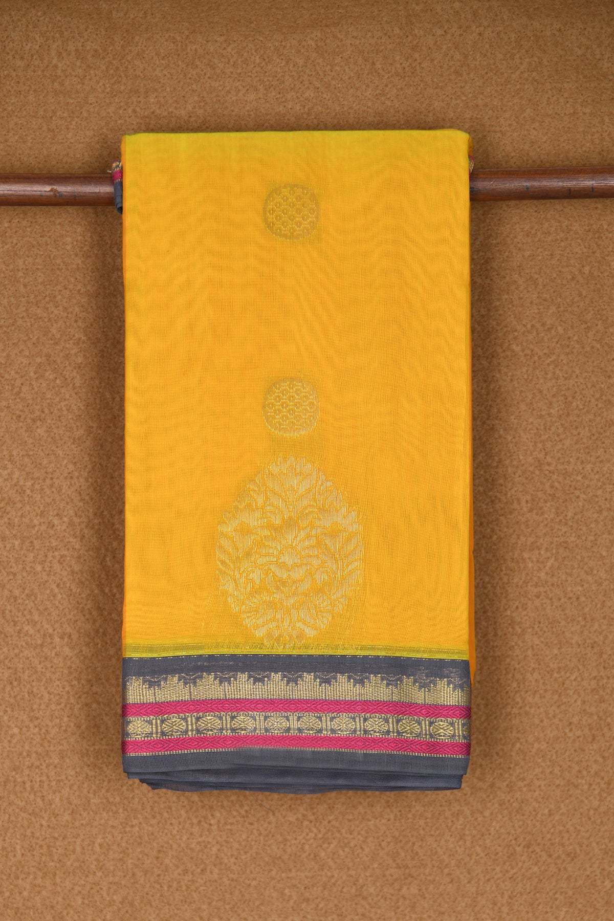 Contrast Temple Zari Border In Buttas Yellow Kora Silk Cotton Saree