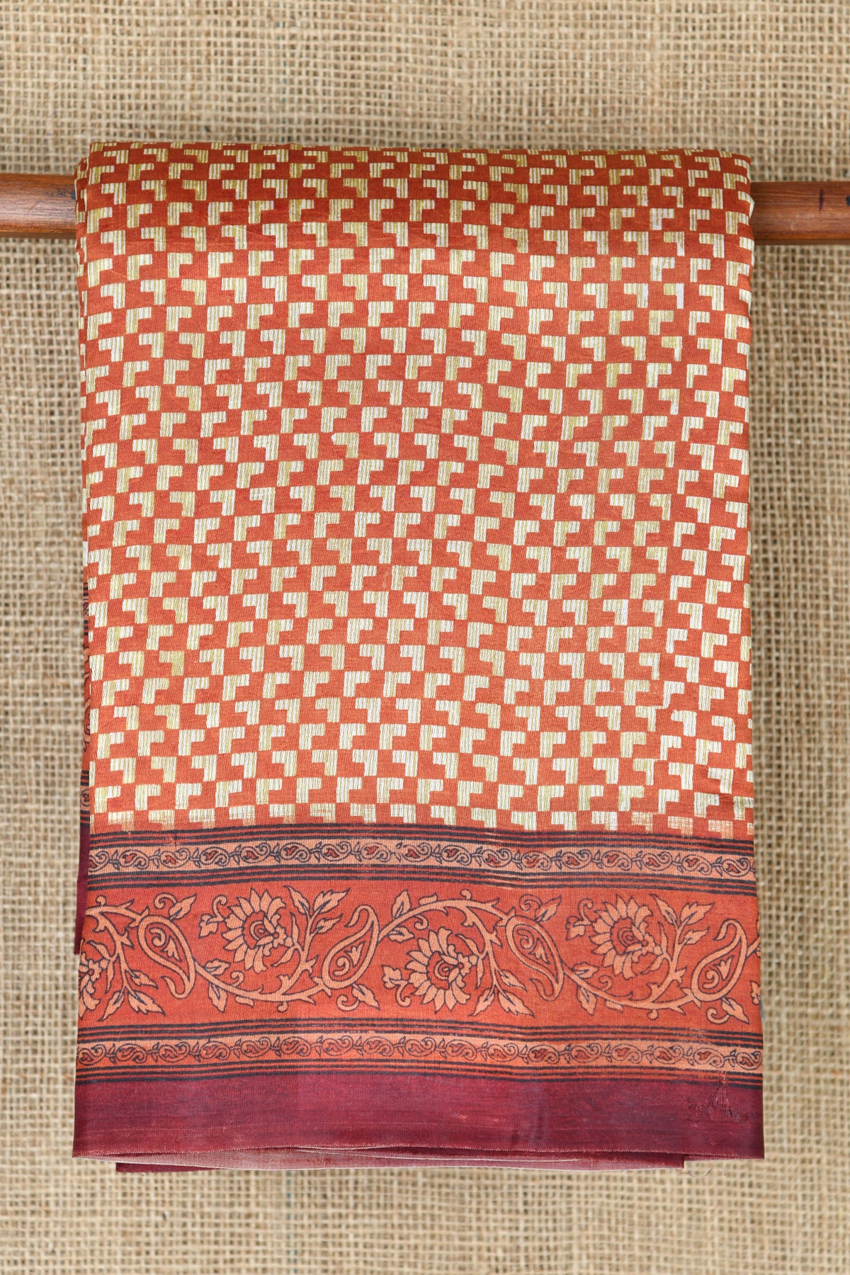 Floral Border With Geometric Design Digital Printed Ochre Red Raw Silk Saree