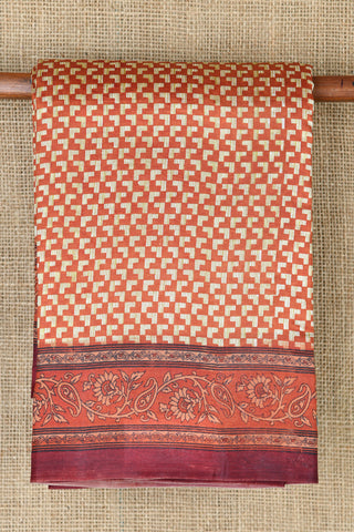 Floral Border With Geometric Design Digital Printed Ochre Red Raw Silk Saree