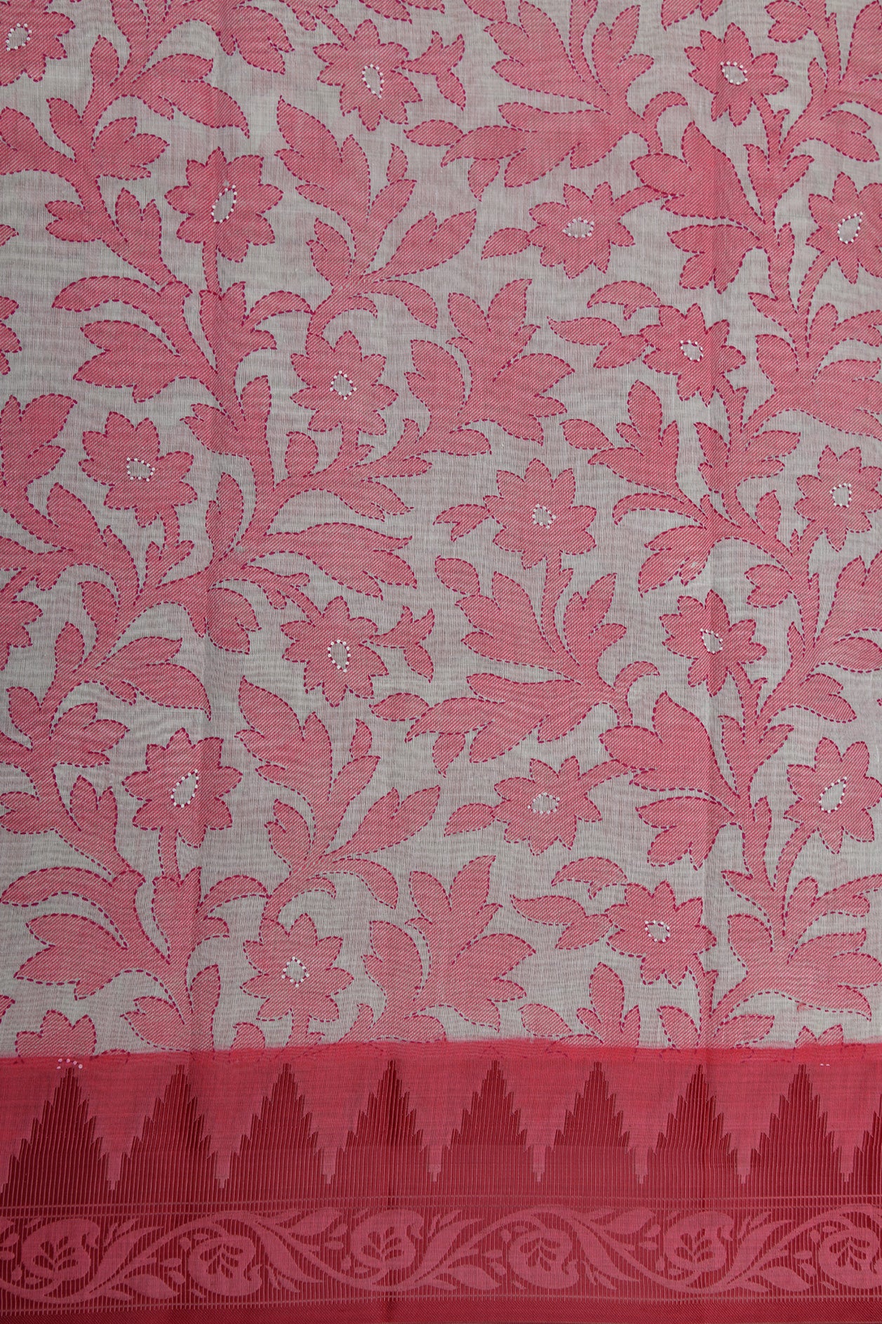 Allover Floral Pattern Pink And Cream Chanderi Cotton Saree